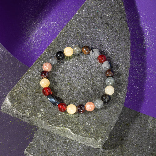 Aslan Burcu Bileklik Bordo Granat Lal, Bronzit, Golden Obsidyen, Güneş Taşı, Jasper, Kalsit, Kırmızı Akik, Labradorit, Rutilli Kuvars, Sitrin