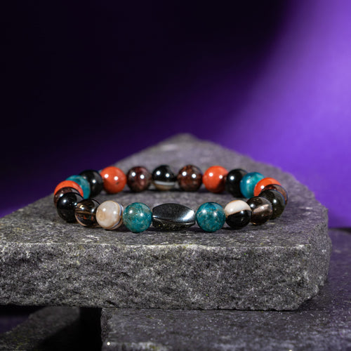 Başak Burcu Bileklik Bordo Granat Lal, Dumanlı Kuvars, Golden Obsidyen, Jasper, Mavi Apatit, Siyah Göz Akik