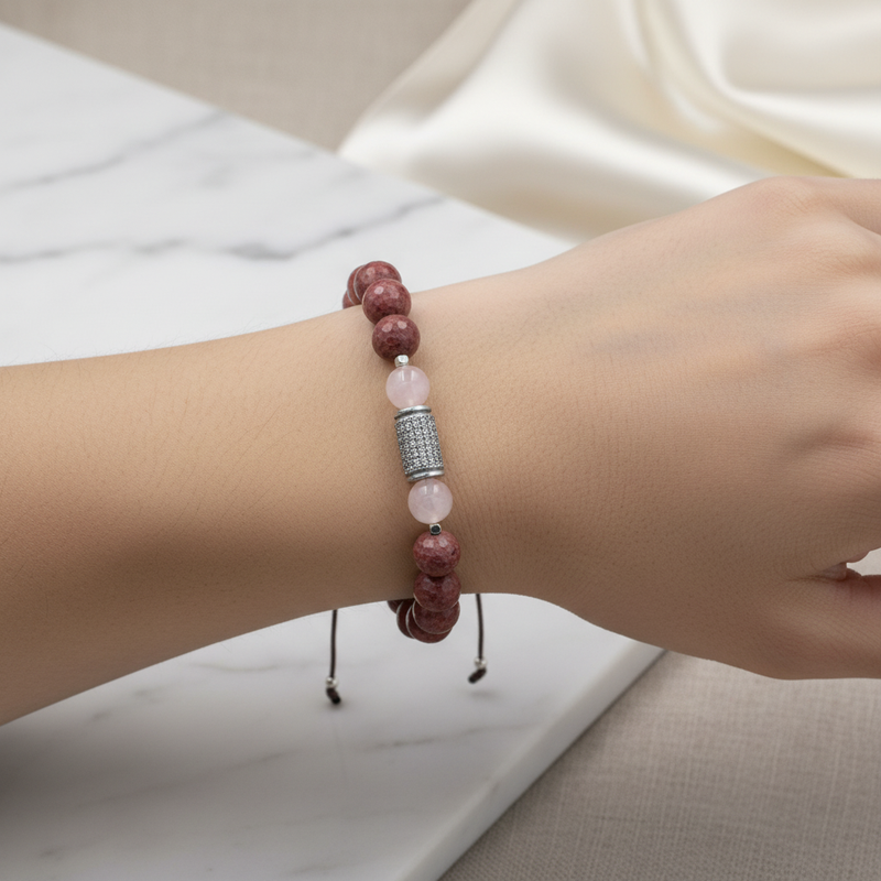 Rodonit & Pembe Kuvars Doğal Taş Zirkon Bileklik – Özel Tasarım - Görsel 1 - Safnaturel