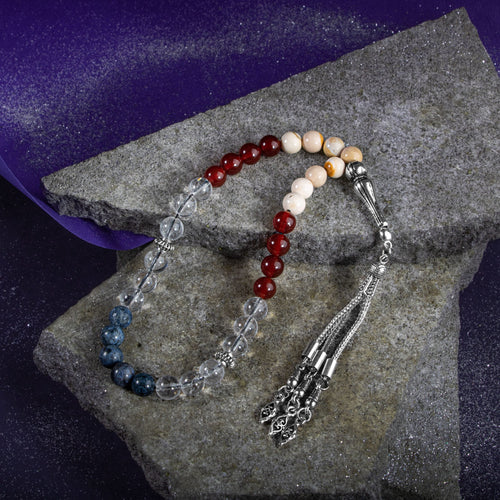 Oğlak Burcu Tesbih Dumortierit, Jasper, Kırmızı Akik, Kristal Kuvars