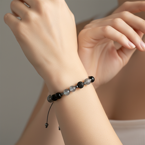 Labradorit, Obsidyen, Hematit Doğal Taş Makrome Bileklik