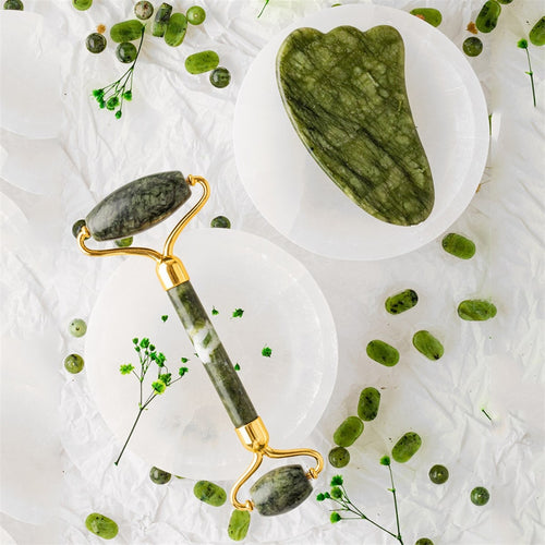 Doğal Taş Yeşim (Serpantin) Kaz Ayaklı Roler Gua Sha Masaj Seti AAA Kalite Birinci Sınıf