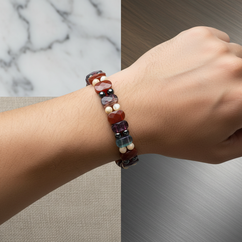 Kova Burcu Doğal Taş Bileklik – Hematit, Kırmızı Akik, Sedef & Mor Florit