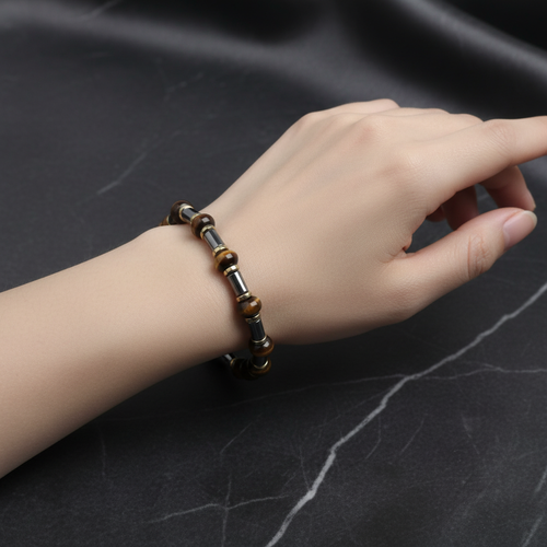 Kaplan Gözü ve Hematit Doğal Taş Bileklik – Unisex Şık Tasarım