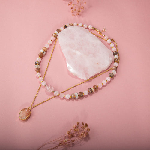 Ay Taşı-Pembe Kuvars-Güneş Taşı Doğal Taş Kolye