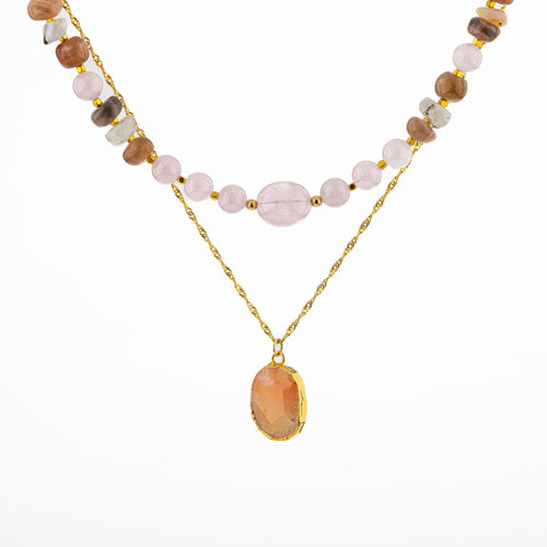 Ay Taşı-Pembe Kuvars-Güneş Taşı Doğal Taş Kolye