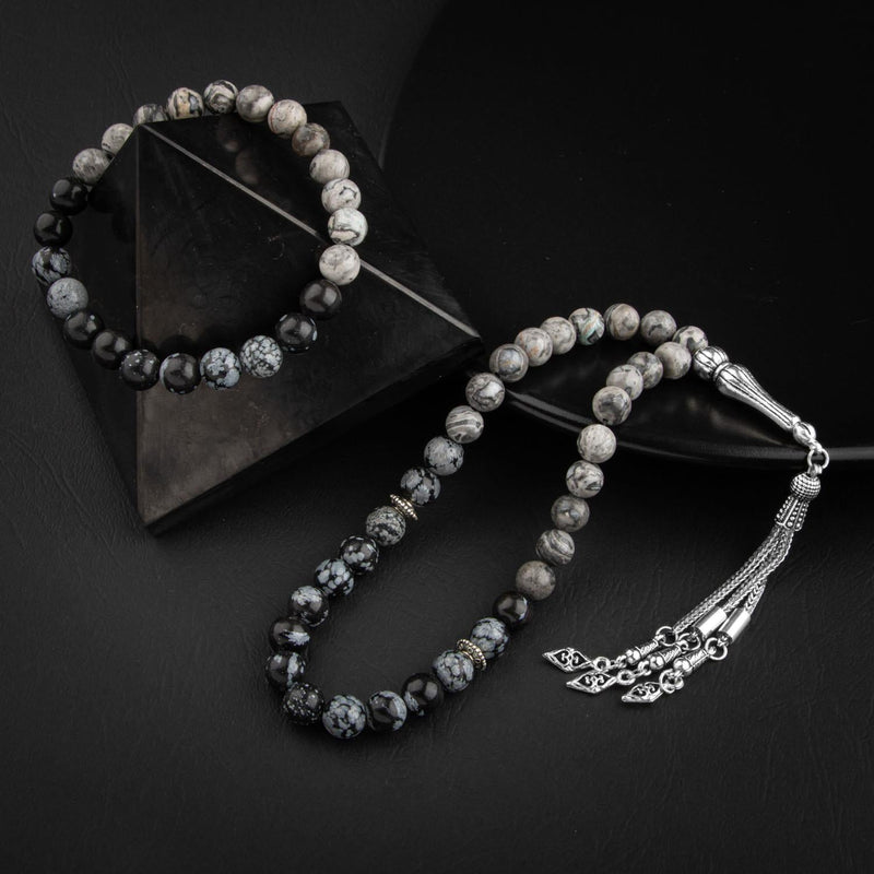 Gri Jasper-Karlı Obsidyen Doğal Taş Tesbih Bileklik Seti
