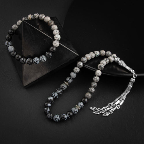 Gri Jasper-Karlı Obsidyen Doğal Taş Tesbih Bileklik Seti