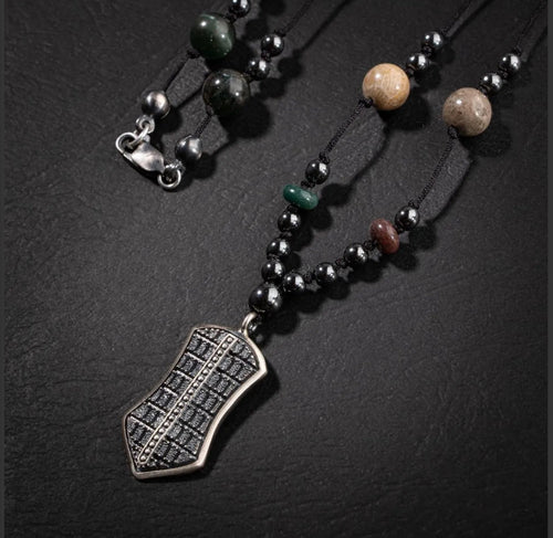 Erkek Kolyesi Fosil Mercan-Hint Akik-hematit Doğal Taş Gümüş Tasarım Kolye