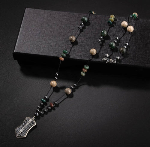 Erkek Kolyesi Fosil Mercan-Hint Akik-hematit Doğal Taş Gümüş Tasarım Kolye