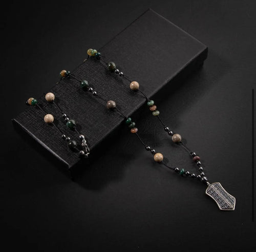 Erkek Kolyesi Fosil Mercan-Hint Akik-hematit Doğal Taş Gümüş Tasarım Kolye