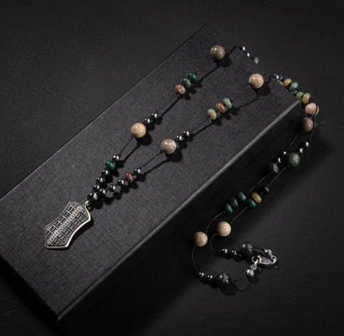 Erkek Kolyesi Fosil Mercan-Hint Akik-hematit Doğal Taş Gümüş Tasarım Kolye