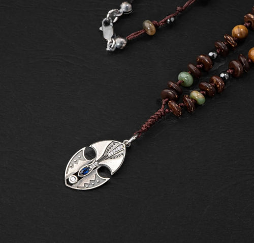 Erkek Kolyesi Hindistan Cevizi Kabuğu-turkuaz-kaplan Gözü-hint Akik-hematit Doğal Taş Gümüş Tasarım Kolye