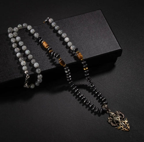 Erkek Kolyesi Labradorit-kaplan Gözü-hematit Doğal Taş Gümüş Tasarım Kolye