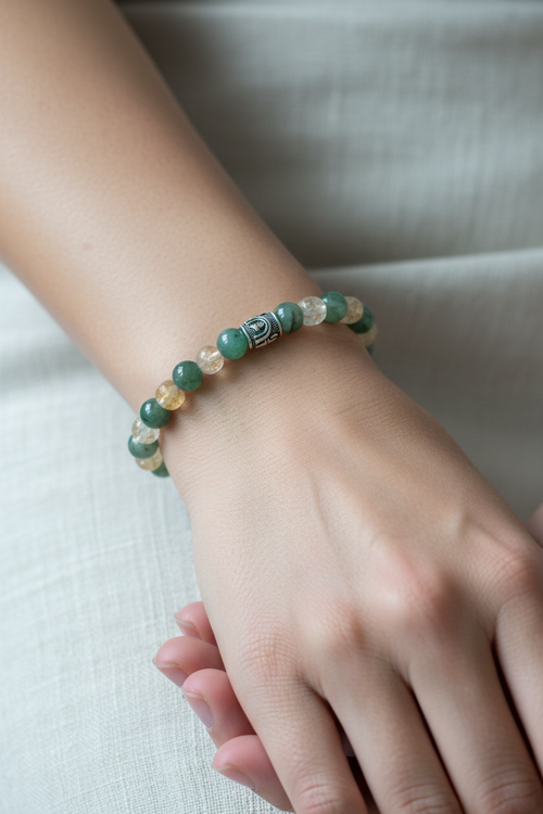 Zümrüt ve Sitrin Doğal Taş Bileklik – Gümüş Aparatlı, 6 mm Fasetli Misinalı, Unisex Tasarım