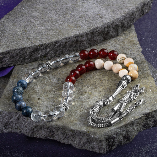 Oğlak Burcu Tesbih Dumortierit, Jasper, Kırmızı Akik, Kristal Kuvars