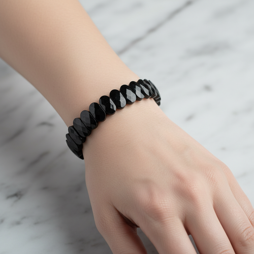 Siyah Turmalin Doğal Taş Geniş Kesim Bileklik