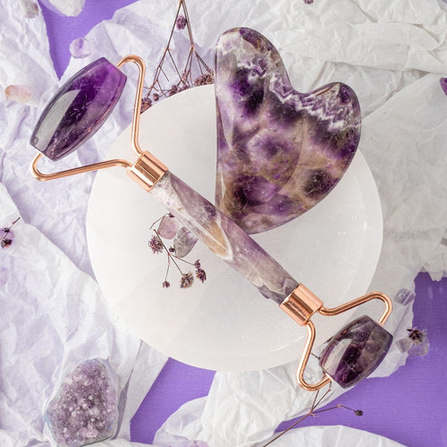 Ametist Taşı Masaj Takımı - Roller ve Gua Sha Kalpli Set