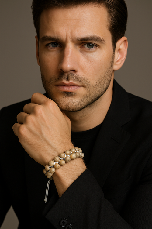 Fosil Mercan 8mm Çift Sıra Makrome Doğal Taş Bileklik