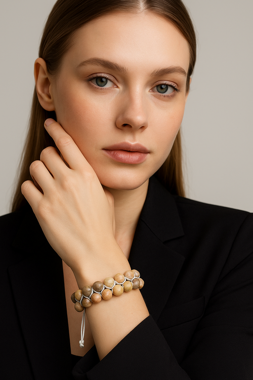 Fossil Coral 8mm Double Row Macrame Natural Stone Bracelet