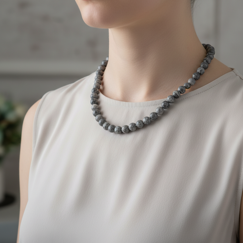 Gri Jasper 8 mm Düğümlü Doğal Taş Kolye - Görsel 3 - Safnaturel