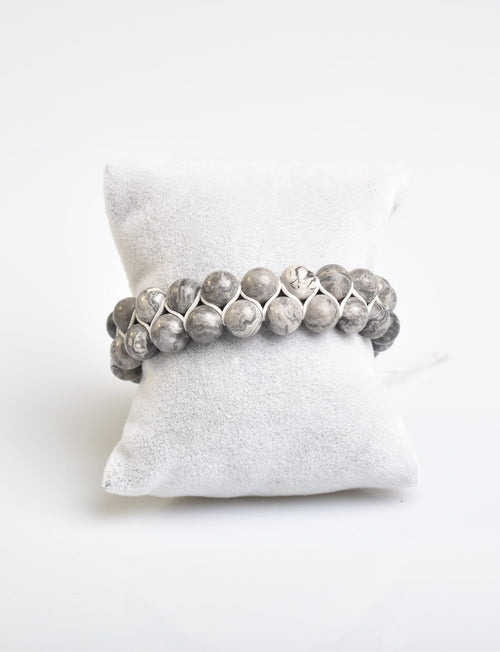 Gri Jasper 8mm Çift Sıra Makrome Doğal Taş Bileklik