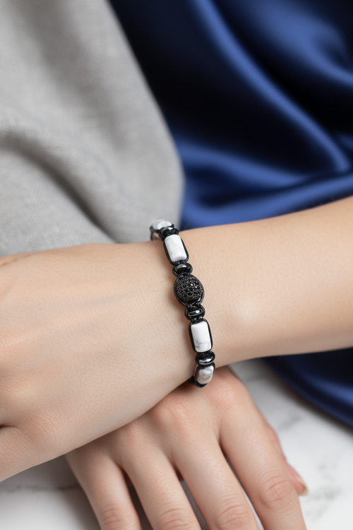 Havlit - Hematit Doğal Taş Zirkon Aparatlı Makrome Bileklik