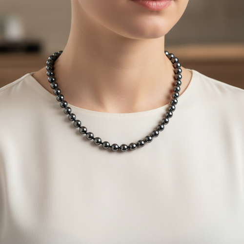 Hematit 8 mm Düğümlü Doğal Taş Kolye