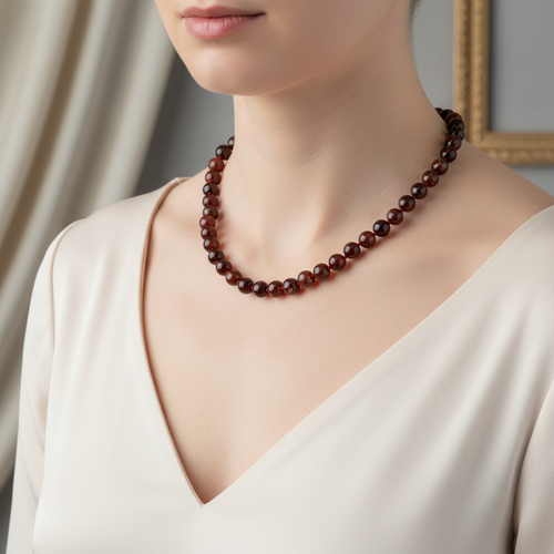 Hessonit Lal 8 mm Düğümlü Doğal Taş Kolye