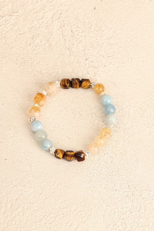 İkizler Burcu - Akuamarin - Sitrin - Kaplan Gözü Doğal Taş Gümüş Aparat Bileklik