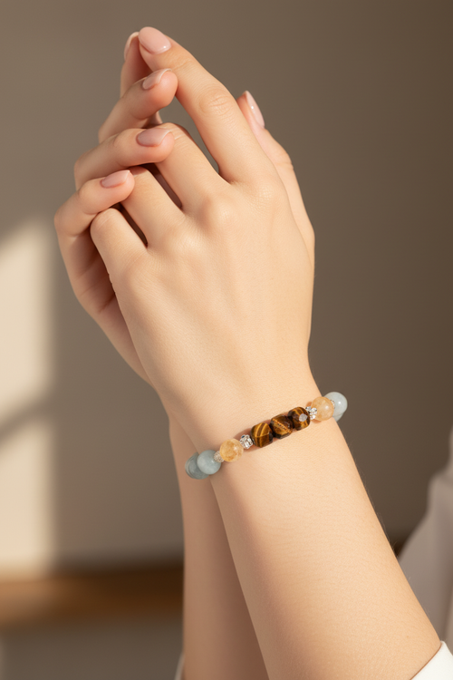 İkizler Burcu - Akuamarin - Sitrin - Kaplan Gözü Doğal Taş Gümüş Aparat Bileklik