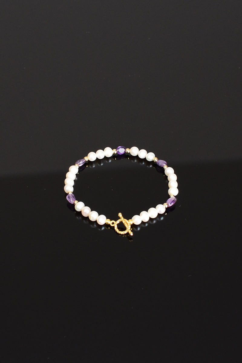İnci - Ametist Doğal Taş Gümüş Kapama Tasarım Bileklik - Görsel 3 - Safnaturel