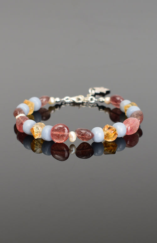 Pearl - Angelite - Citrine - Strawberry Quartz Natural Stone Silver Closure Bracelet