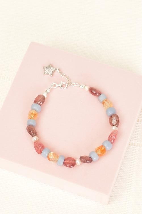 Pearl - Angelite - Citrine - Strawberry Quartz Natural Stone Silver Closure Bracelet