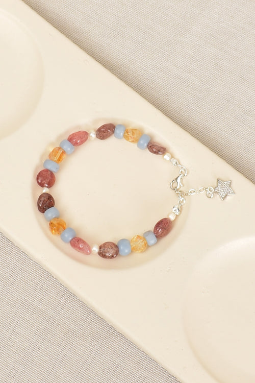 Pearl - Angelite - Citrine - Strawberry Quartz Natural Stone Silver Closure Bracelet