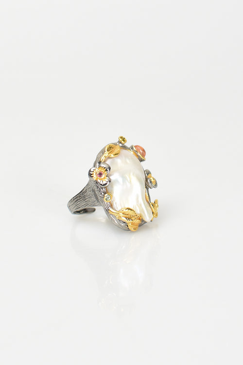 İnci Doğal Taş 925 Ayar Gümüş Ayarlanabilir Yüzük