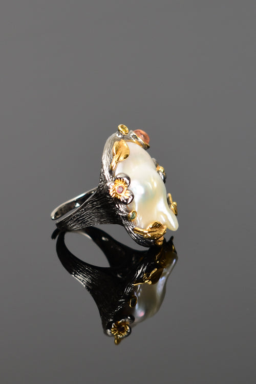 İnci Doğal Taş 925 Ayar Gümüş Ayarlanabilir Yüzük