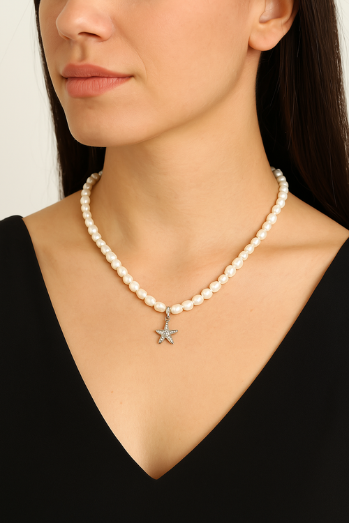 İnci Doğal Taş Gümüş Kolye