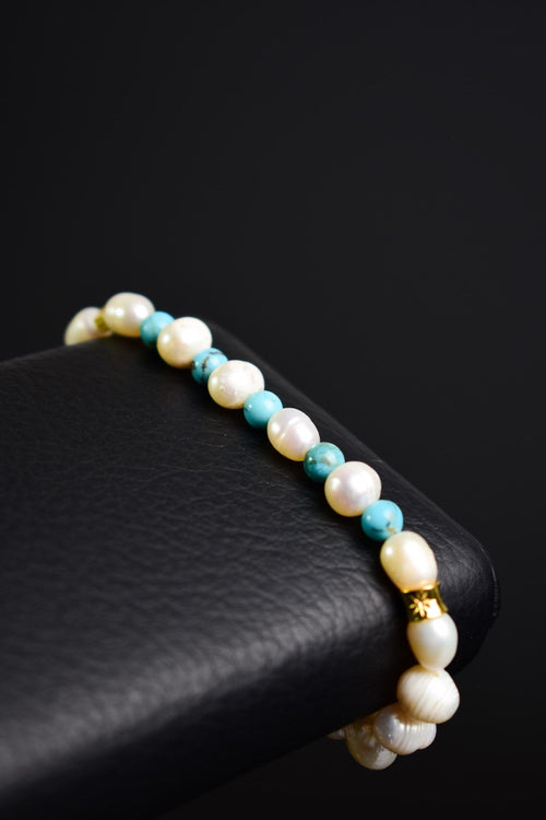 İnci - Firuze Turkuaz Doğal Taş Altın Kaplamalı Gümüş Bileklik Unisex