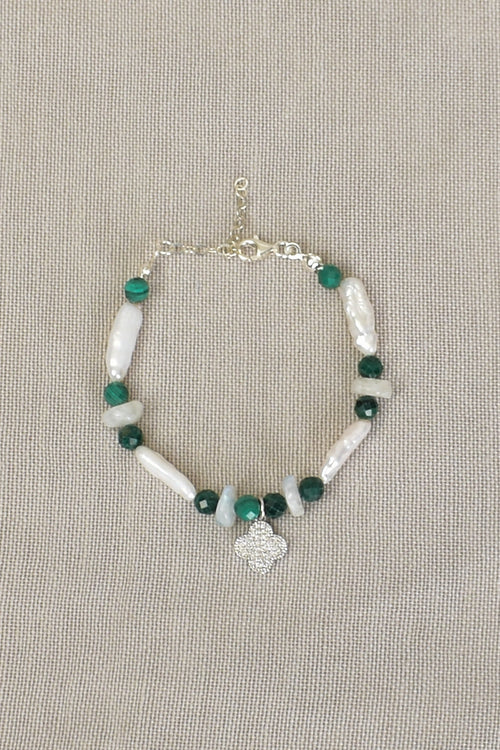 Pearl - Malachite Natural Stone Silver Closure Bracelet