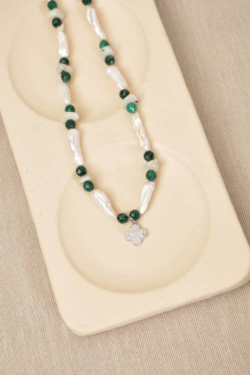 İnci - Malakit Doğal Taş Gümüş Kapama Kolye