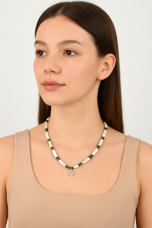 İnci - Malakit Doğal Taş Gümüş Kapama Kolye