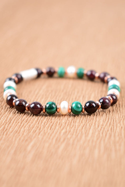 İnci - Malakit - Lal Garnet Doğal Taş Gümüş Aparatlı Bileklik