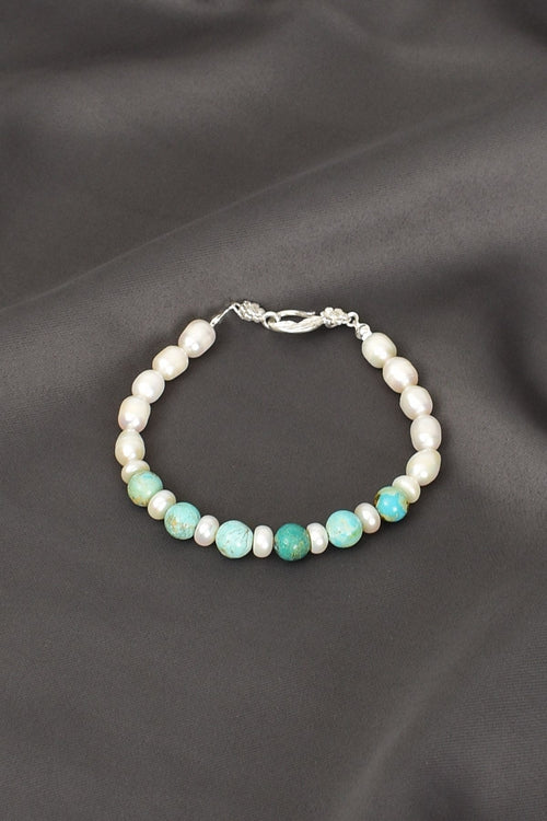 İnci - Turkuaz Firuze Doğal Taş Gümüş Kapama Bileklik