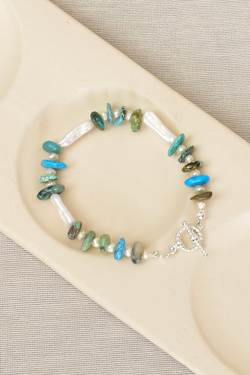 İnci -Turkuaz Firuze Doğal Taş Gümüş Kapama Bileklik