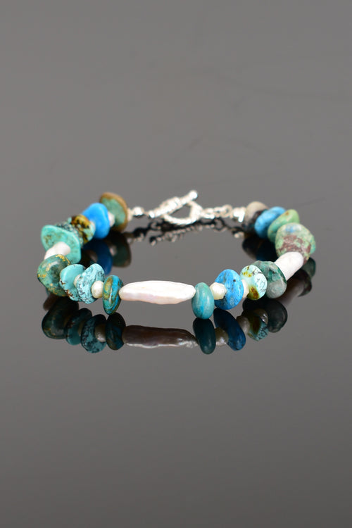 İnci -Turkuaz Firuze Doğal Taş Gümüş Kapama Bileklik