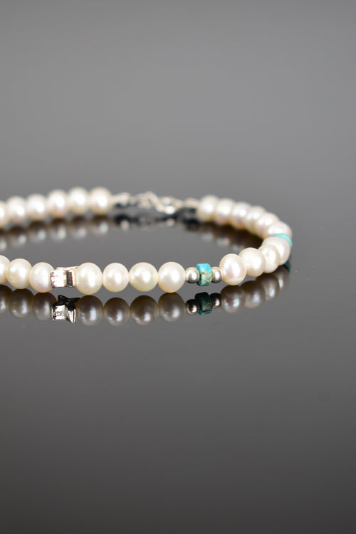 İnci - Turkuaz Firuze Doğal Taş Gümüş Kapama Tasarım Bileklik