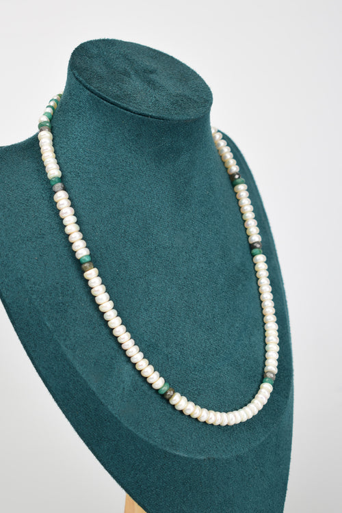 İnci - Zümrüt - Labradorit Doğal Taş Kolye