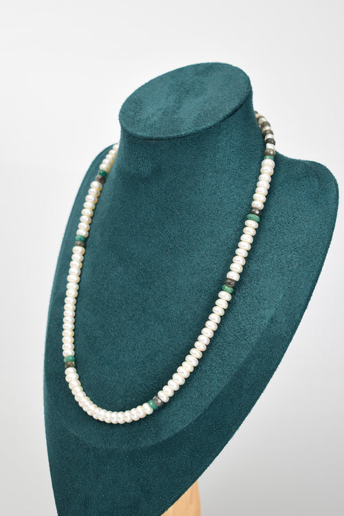 İnci - Zümrüt - Labradorit Doğal Taş Kolye