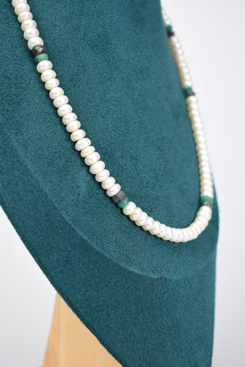 İnci - Zümrüt - Labradorit Doğal Taş Kolye